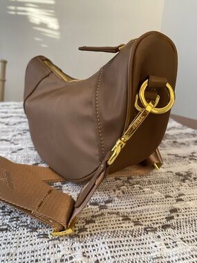 Designer-Inspired Brown Nylon Tan Crossbody with Gold Hardware